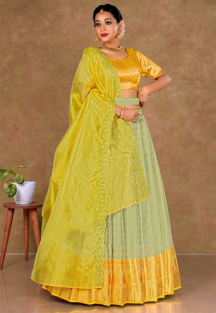 Pista Banarasi Silk Lehenga Choli With Zari Woven - Gajiwala