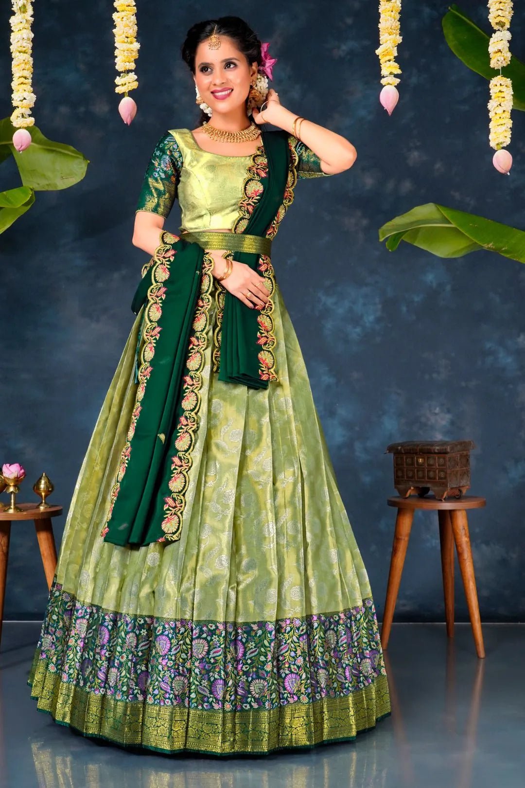 Pista Banarasi Silk Pattu Half Saree With Zari Work - Gajiwala