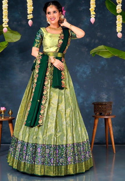 Pista Banarasi Silk Pattu Half Saree With Zari Work - Gajiwala