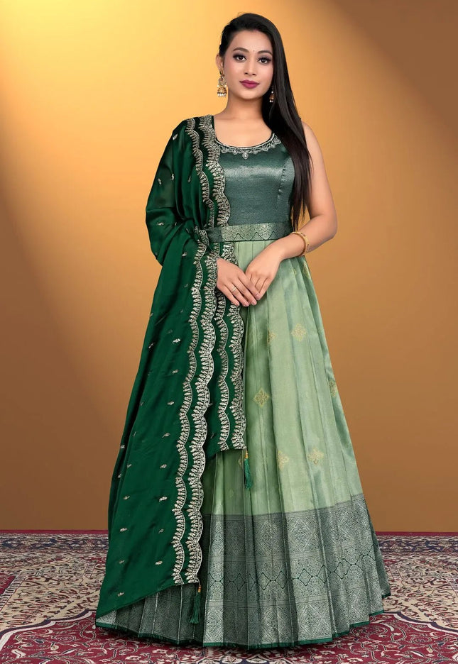 banarasi silk gown dress Pure Banarasi Silk Green Gown fully stitched