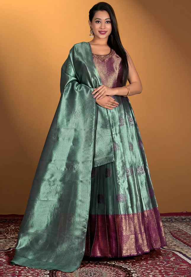 Pista Banarasi Silk Zari Woven Gown With Dupatta - Gajiwala