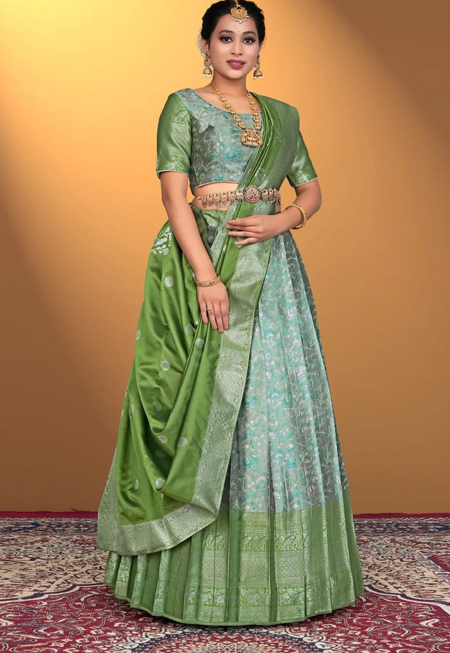 Pista Banarasi Zari Silk Half Saree With For Women - Gajiwala