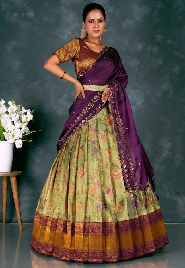 Pista Designer Banarasi Pattu Lehenga With Zari Work - Gajiwala