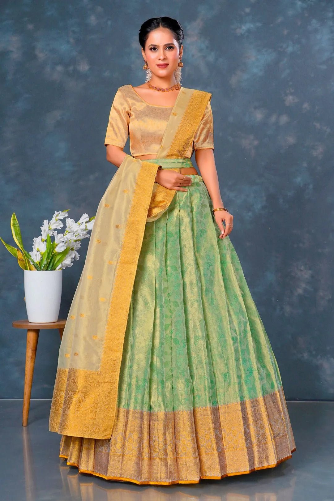 Pista Designer Lehenga Choli in Tissue Silk - Gajiwala
