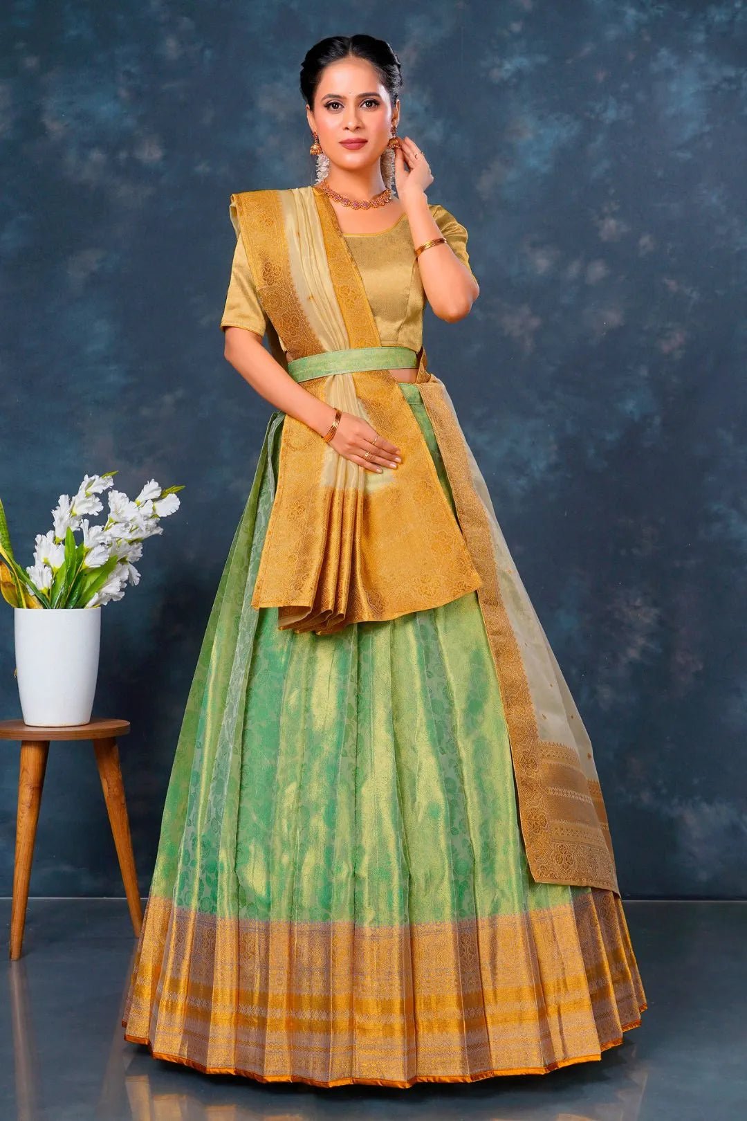 Pista Designer Lehenga Choli in Tissue Silk - Gajiwala