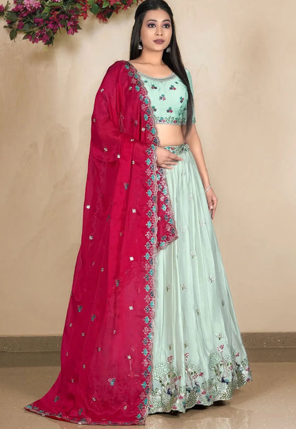 Pista Embroidered Lehenga Choli In Satin Chiffon Fabric - Gajiwala