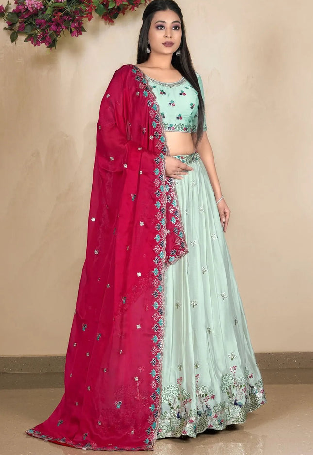 Pista Embroidered Lehenga Choli In Satin Chiffon Fabric - Gajiwala