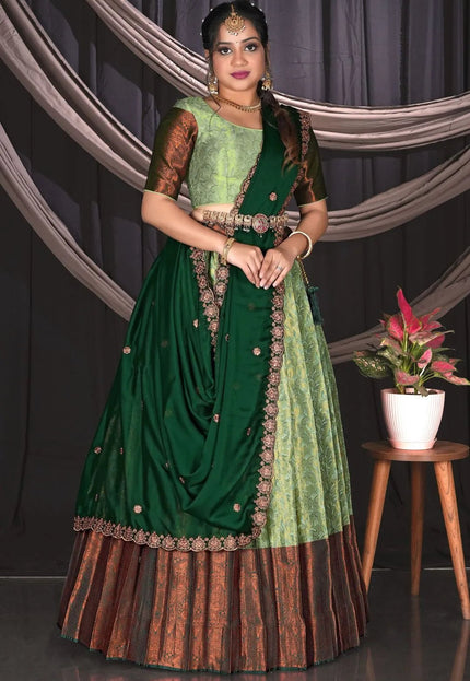 Pista Green Banarasi Half Saree With Zari Work - Gajiwala