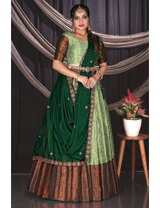 Pista Green Banarasi Half Saree With Zari Work - Gajiwala