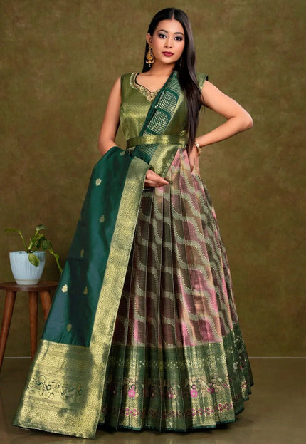 Pista Long Banarasi Silk Gown With Dupatta - Gajiwala