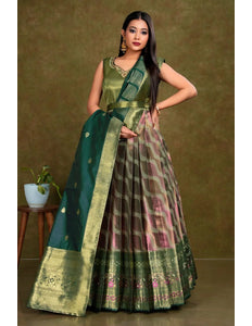 Pista Long Banarasi Silk Gown With Dupatta - Gajiwala