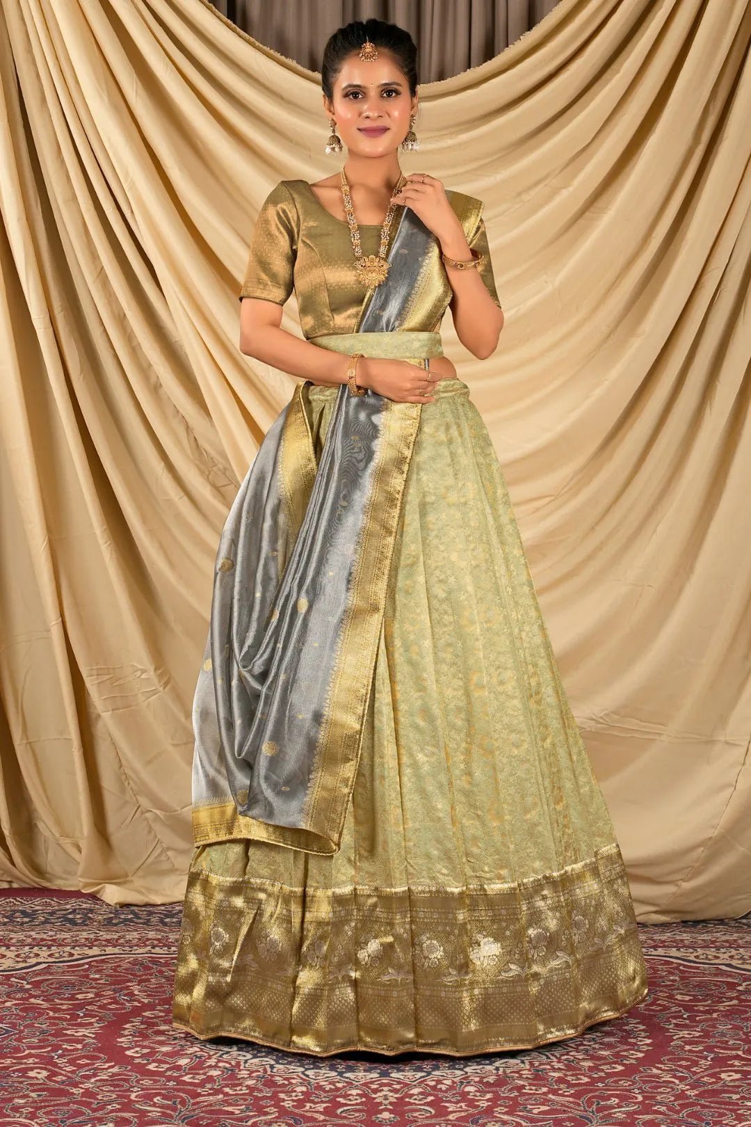 Pista Self Jacquard Silk Lehenga Choli With Zari Woven - Gajiwala