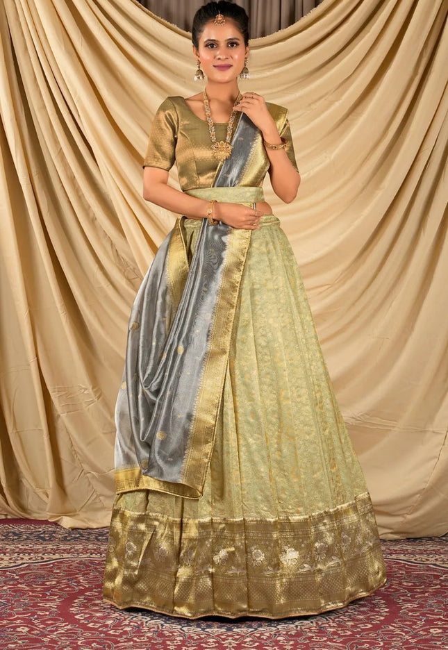 Pista Self Jacquard Silk Lehenga Choli With Zari Woven - Gajiwala