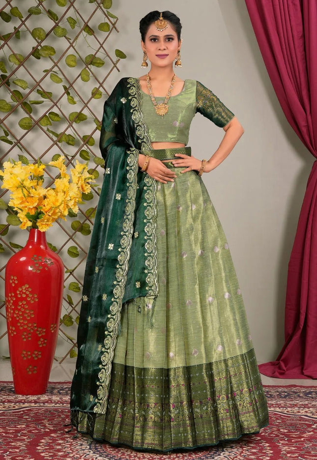Pista Zari Silk Semi - Stitched Lehenga For Women - Gajiwala