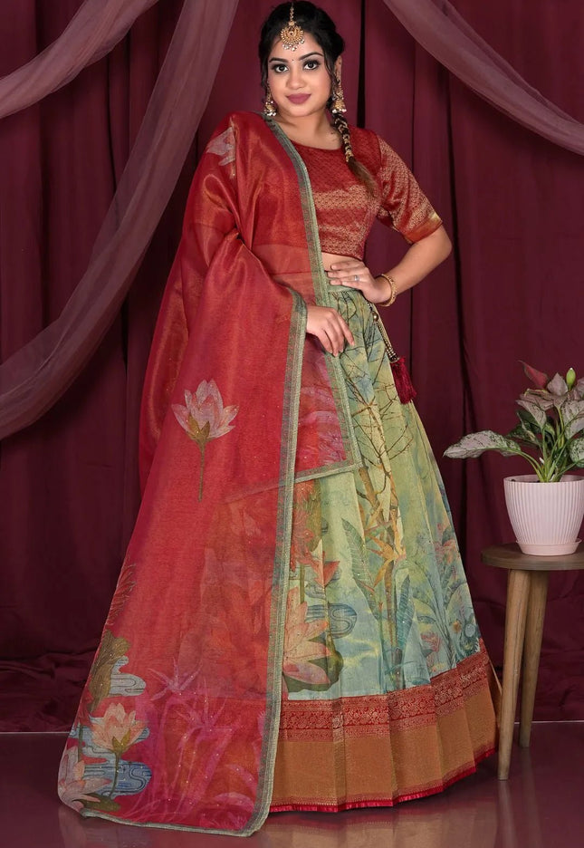 Pista Zari Work Tissue Silk Half Saree For Women - Gajiwala