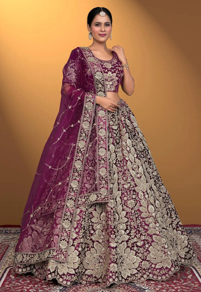 Puple Velvet Lehenga Choli With Net Dupatta For Women - Gajiwala