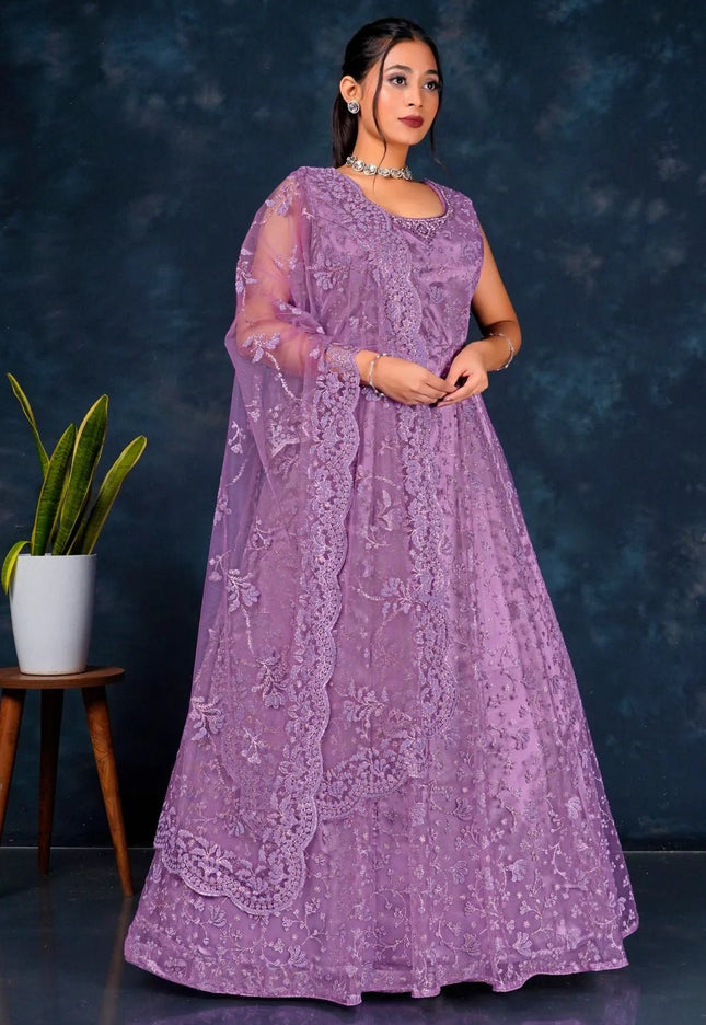 Purple Colour Embroidered Net Gown With Dupatta - Gajiwala