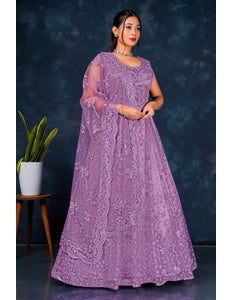 Purple Colour Embroidered Net Gown With Dupatta - Gajiwala