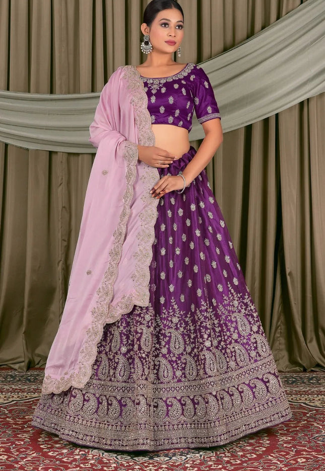 Purple Embroidered Bridesmaid Lehenga Choli In Net - Gajiwala