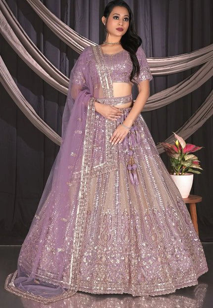 Purple Embroidered Net Chaniya Choli For Women - Gajiwala