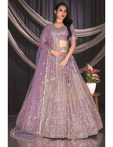 Purple Embroidered Net Chaniya Choli For Women - Gajiwala