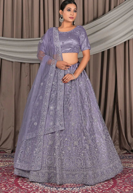 Purple Embroidery Work Net Lehenga Choli - Gajiwala