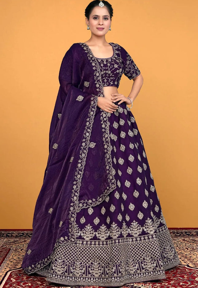 Purple Fendy Silk Embroidered Semi - Stitched Lehenga Choli - Gajiwala