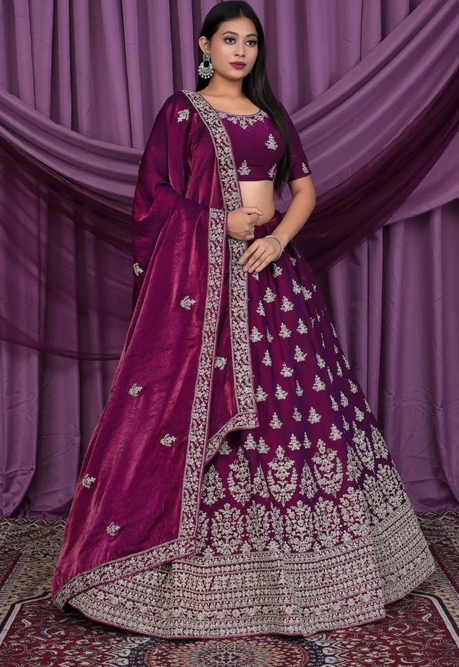 Purple Fendy Silk Pattu Lehenga With Embroidery Work - Gajiwala
