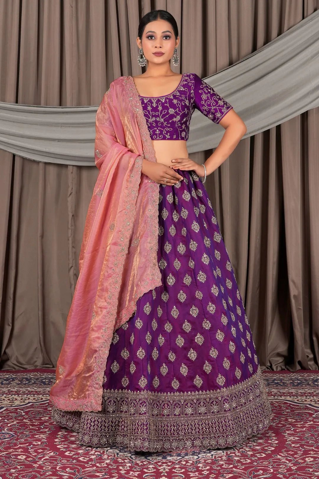 Purple Fendy Silk Semi - Stitched Lehenga For Women - Gajiwala