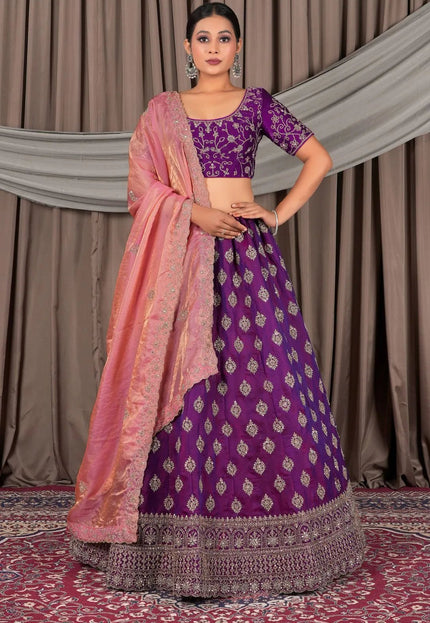 Purple Fendy Silk Semi - Stitched Lehenga For Women - Gajiwala