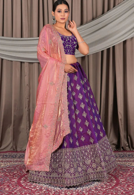 Purple Fendy Silk Semi - Stitched Lehenga For Women - Gajiwala