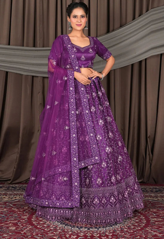Purple Net Lehenga Choli With Embroidery Work - Gajiwala