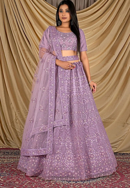 Purple Party Wear Embroidered Net Lehenga Choli For Women - Gajiwala