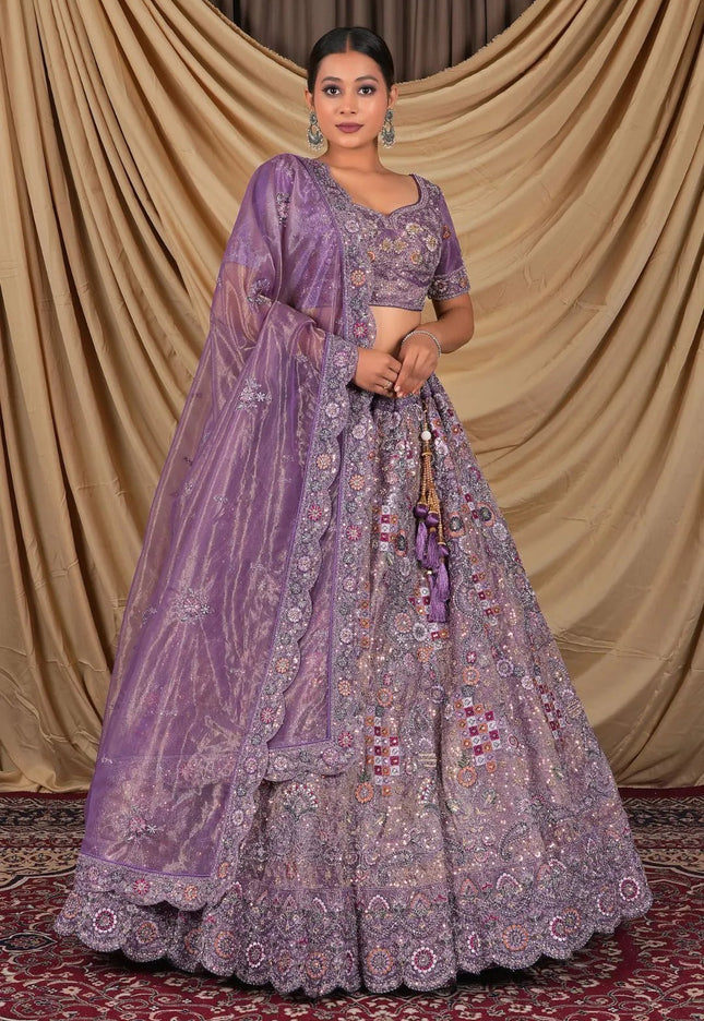 Purple Party Wear Embroidered Twill Net Lehenga Choli For Women - Gajiwala