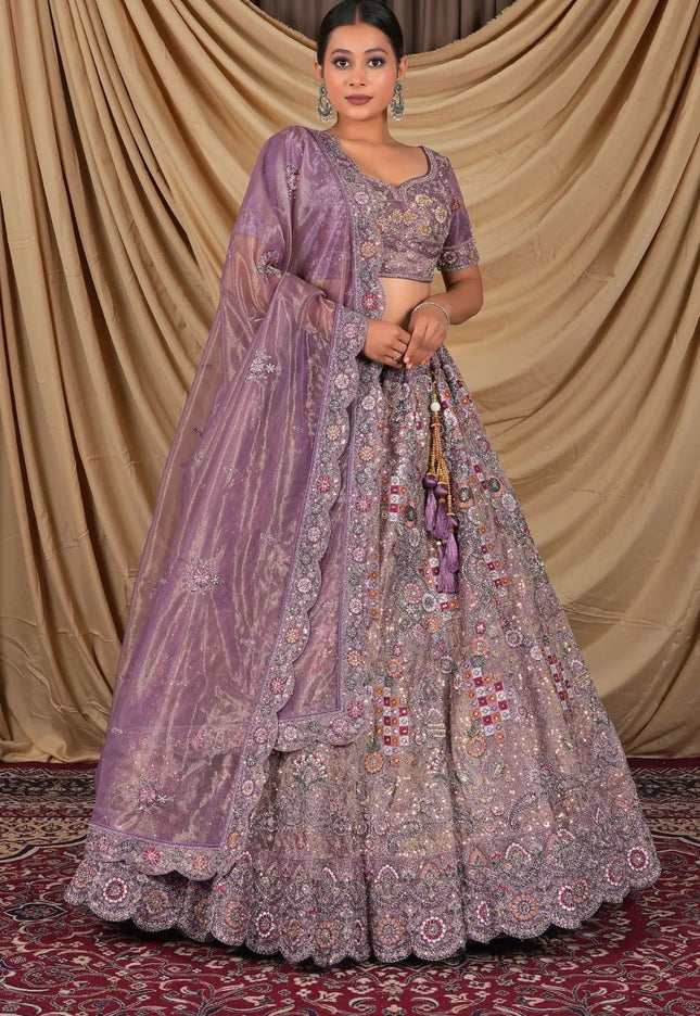 Purple Party Wear Embroidered Twill Net Lehenga Choli For Women - Gajiwala