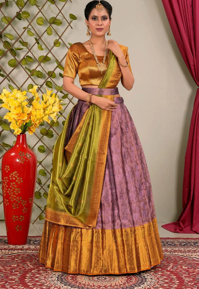 Purple Pure Two Tone Zari Tissue Pattu Lehenga Choli - Gajiwala