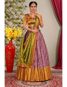 Purple Pure Two Tone Zari Tissue Pattu Lehenga Choli - Gajiwala