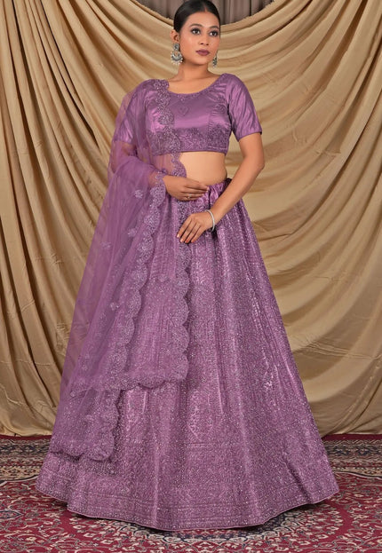 Purple Sequins Embroidered Net Lehenga Choli - Gajiwala