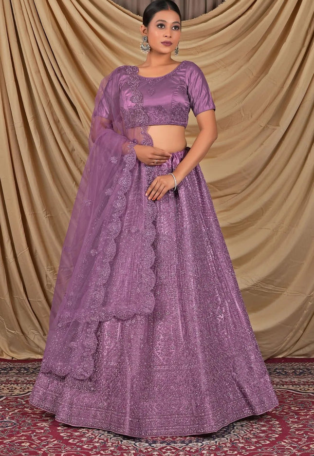 Purple Sequins Embroidered Net Lehenga Choli - Gajiwala