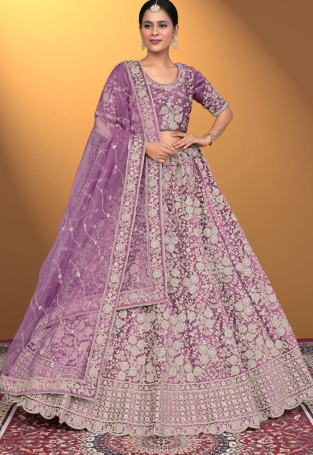 Purple Velvet Lehenga Choli With Net Dupatta For Women - Gajiwala
