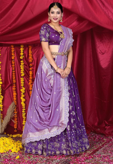 Purple Viscose Jacquard Pattu Lehenga Choli With Zari Work - Gajiwala
