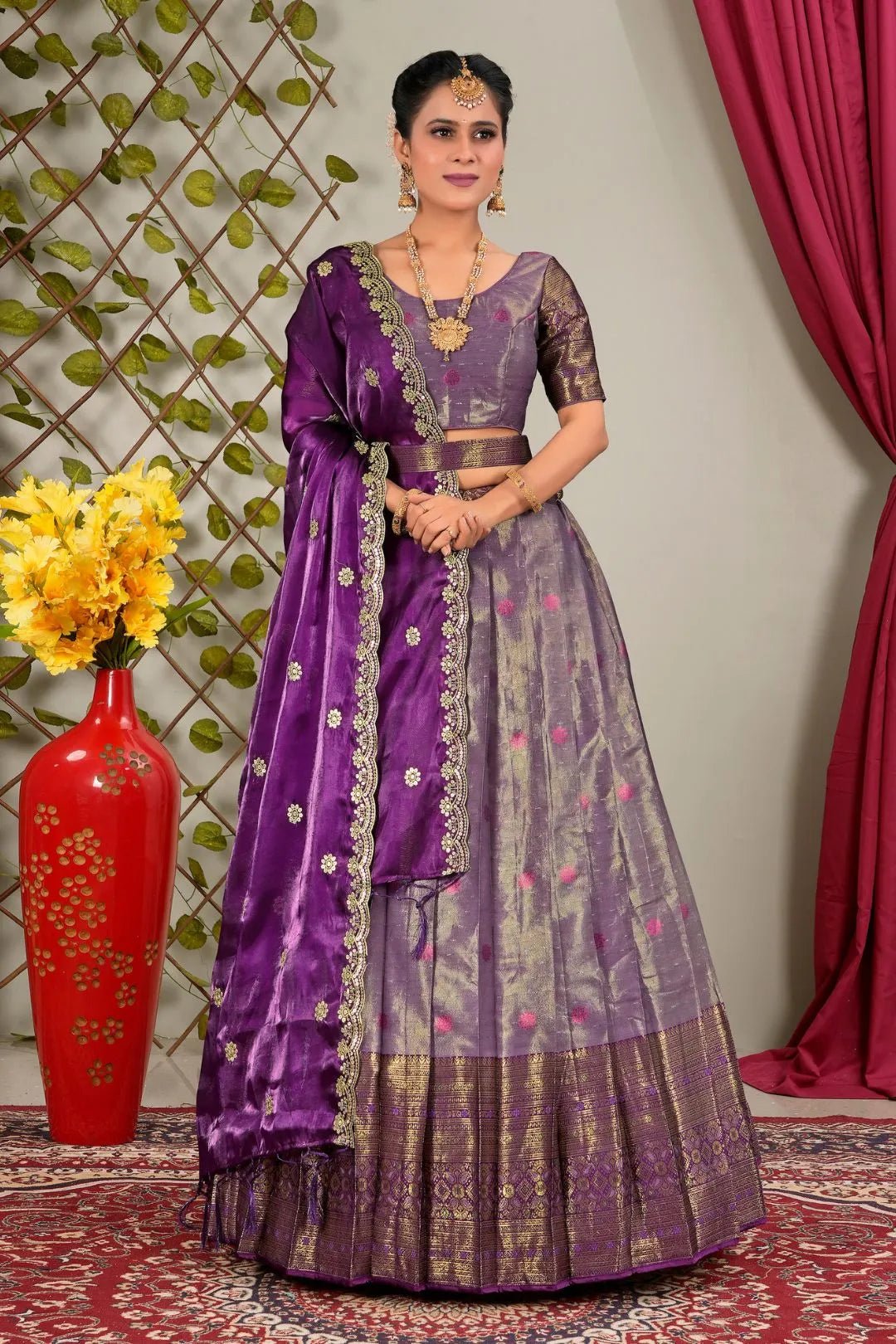 Purple Zari Silk Semi - Stitched Lehenga For Women - Gajiwala