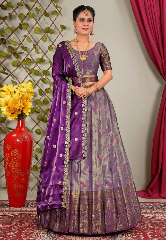 Purple Zari Silk Semi - Stitched Lehenga For Women - Gajiwala