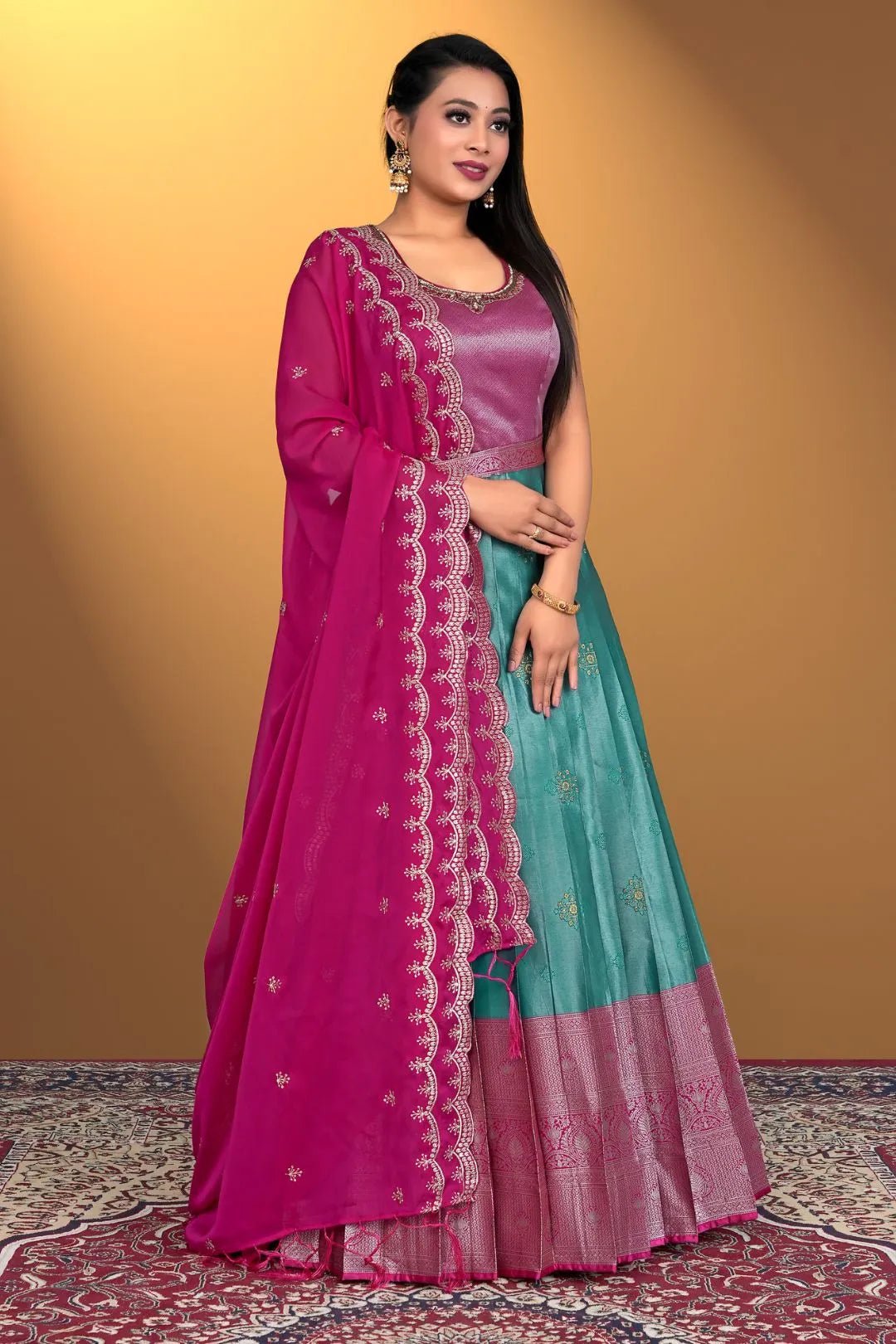 Rama Banarasi Silk Readymade Gown With Zariwork - Gajiwala