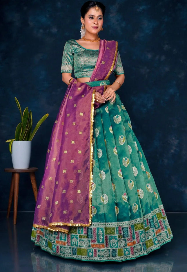 Rama Digital Print Banarasi Half Saree Set For Women - Gajiwala