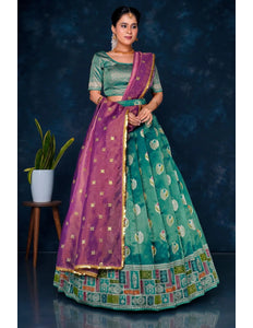 Rama Digital Print Banarasi Half Saree Set For Women - Gajiwala