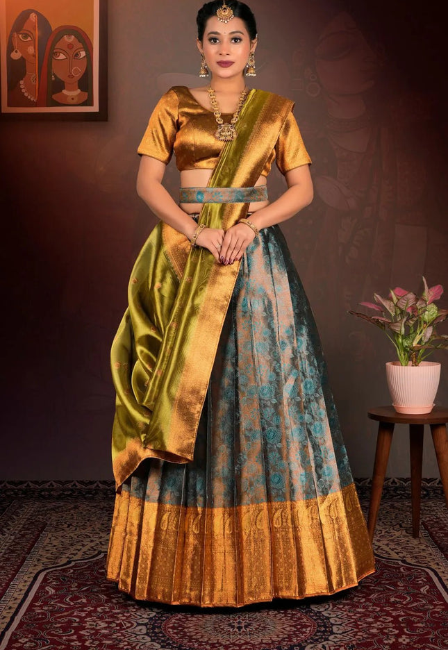 Rama Pure Two Tone Zari Tissue Lehenga Choli with Zari Work - Gajiwala
