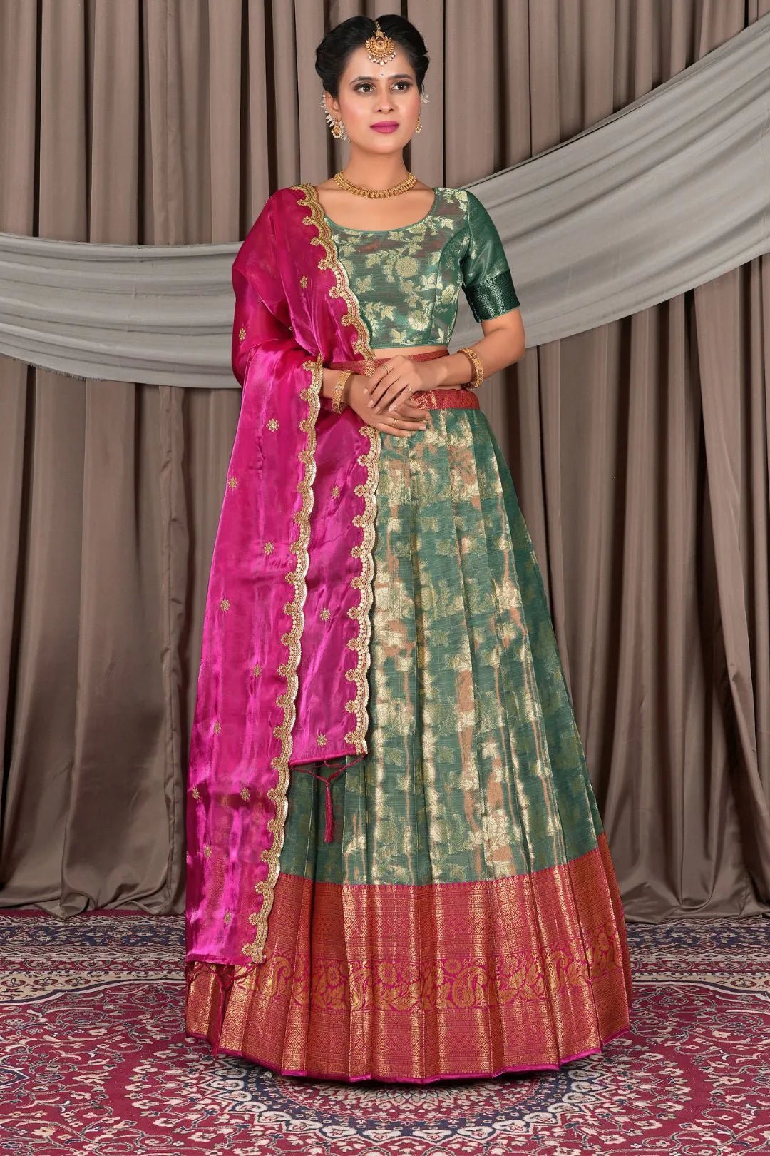 Rama Zari Silk Pattu Lehenga Choli With Zari Woven - Gajiwala