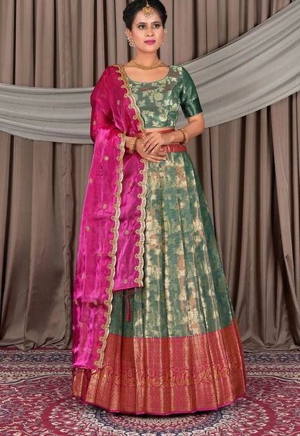 Rama Zari Silk Pattu Lehenga Choli With Zari Woven - Gajiwala