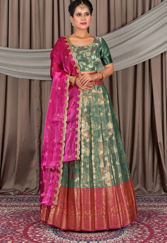 Rama Zari Silk Pattu Lehenga Choli With Zari Woven - Gajiwala